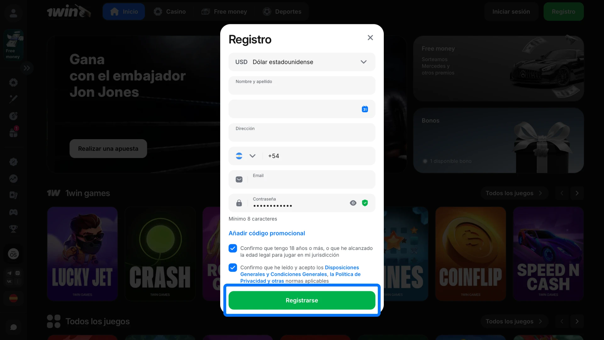 Verificá tu teléfono o email con el código recibido para activar tu cuenta de 1win.