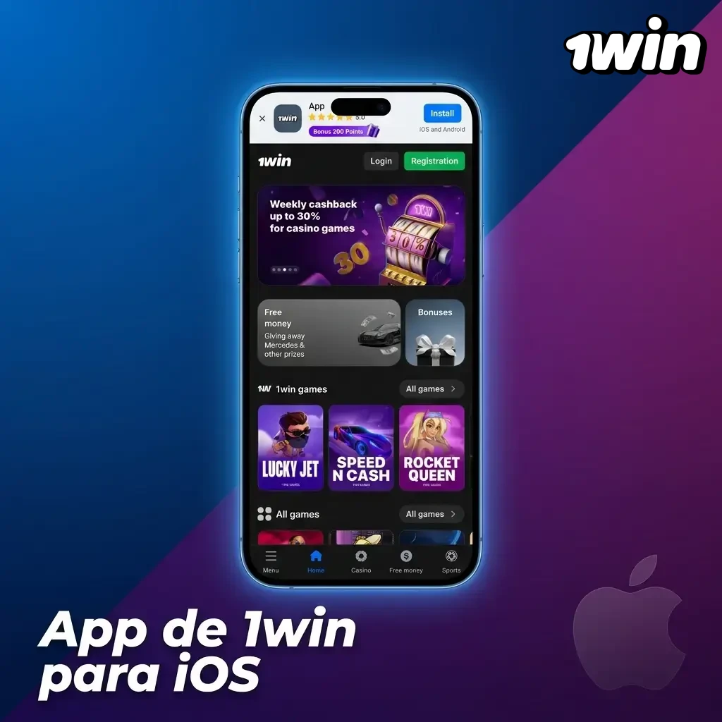 App 1win para iOS descargable desde la App Store para iPhone e iPad con iOS 12.0 o superior, pesa 85 MB